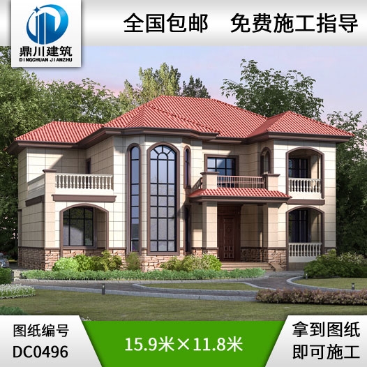 新農(nóng)村漂亮的二層復式客廳別墅施工圖及效果圖_二層別墅設計圖紙,鼎川建筑