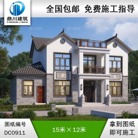 二層中式帶露臺別墅施工圖紙及效果圖_農(nóng)村自建房屋設(shè)計,鼎川建筑