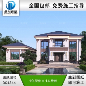 新中式二層帶附屬房別墅施工圖紙及效果圖_農(nóng)村自建別墅設(shè)計,鼎川建筑